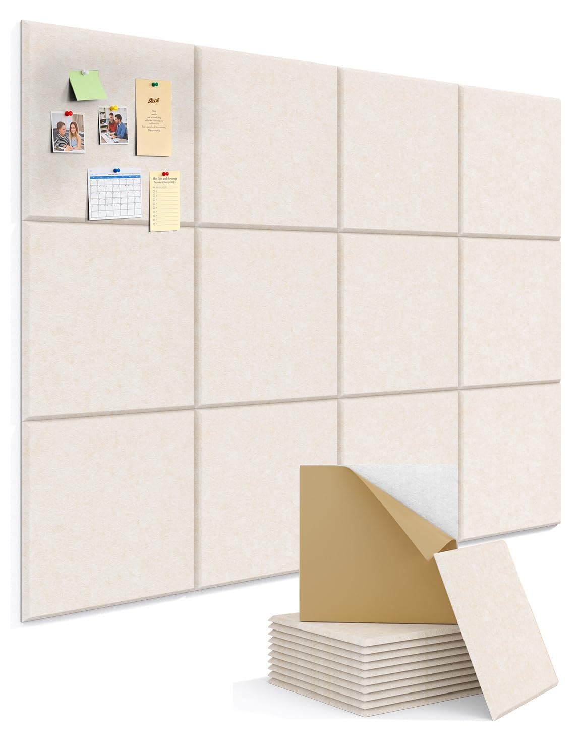 Kuchoow Large Felt Bulletin Cork Board Self Adhesive Beige Squares Pin Wall Tiles, 48'' x 36'' Vision Tack Panels for Classroom Office Display 12 Pack Corkboard for Kitchen Bedroom Home Decor