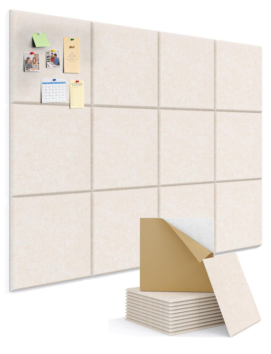 Kuchoow Large Felt Bulletin Cork Board Self Adhesive Beige Squares Pin Wall Tiles, 48'' x 36'' Vision Tack Panels for Classroom Office Display 12 Pack Corkboard for Kitchen Bedroom Home Decor