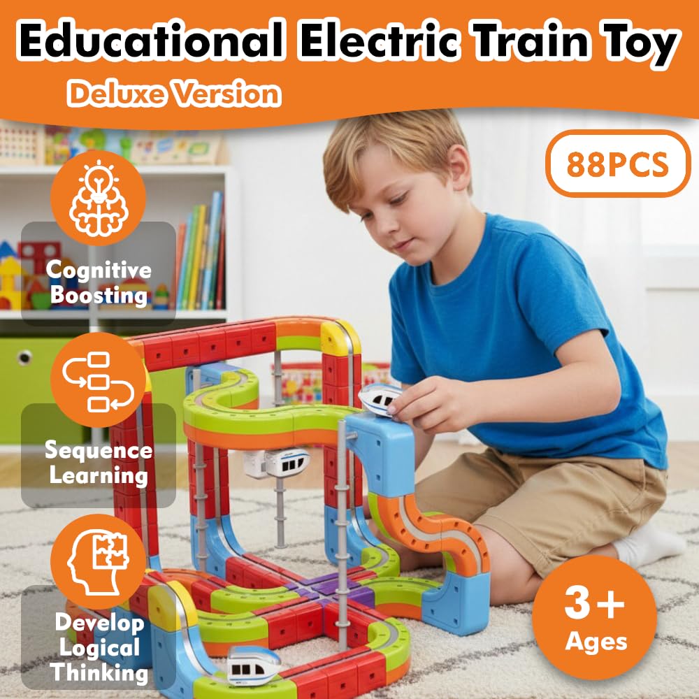 Electric Train Set with 2 Trains, 3D Infinity Train Tracks, DIY Toy Car Track, Modular Building Blocks Freely Assembled, STEM Learning Toy for Kids Toddlers Boys & Girls (2 White Trains)