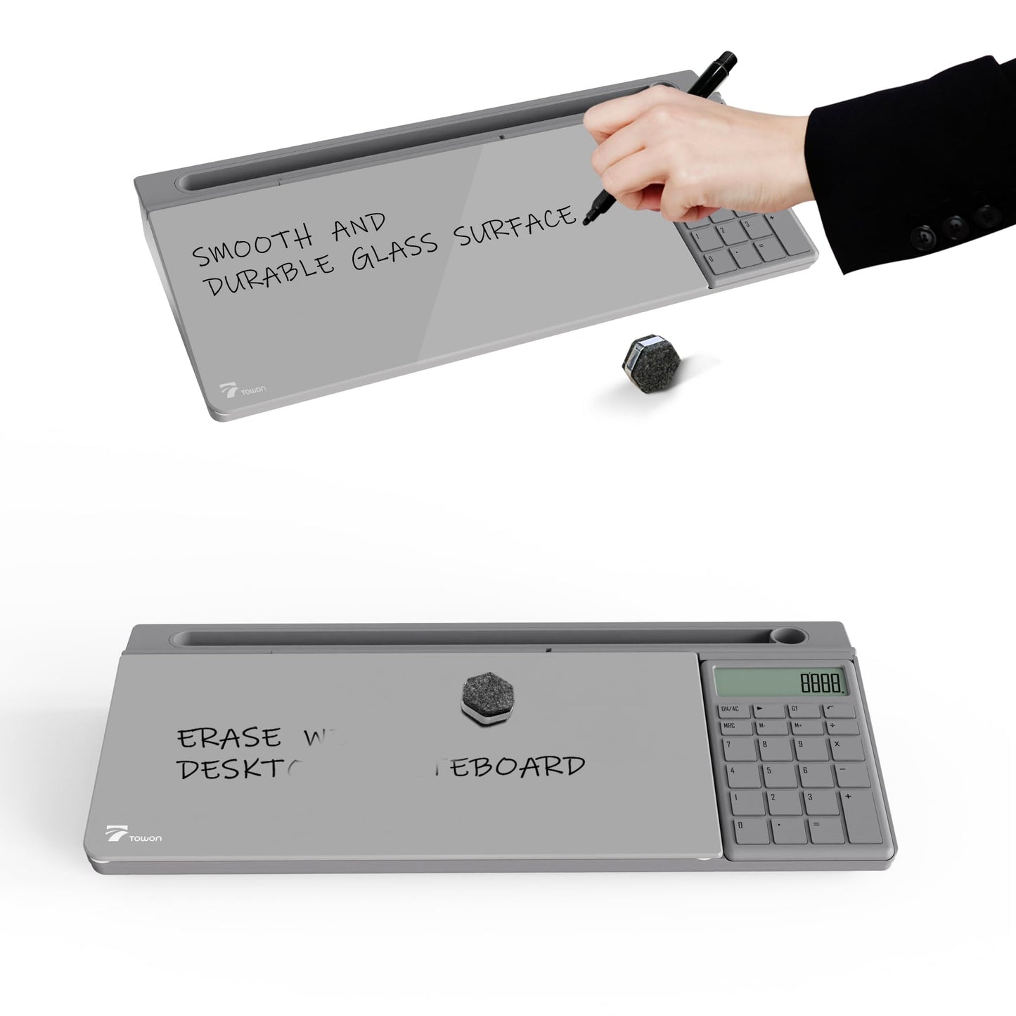 TOWON Desktop Glass Whiteboard with Basic Calculator, 12 Digit LCD Display, Desk Organizers with Accessories for Office, Home, School Supplies, Storage with Dry Erase Board Surface, Gray, 18'' x 6''
