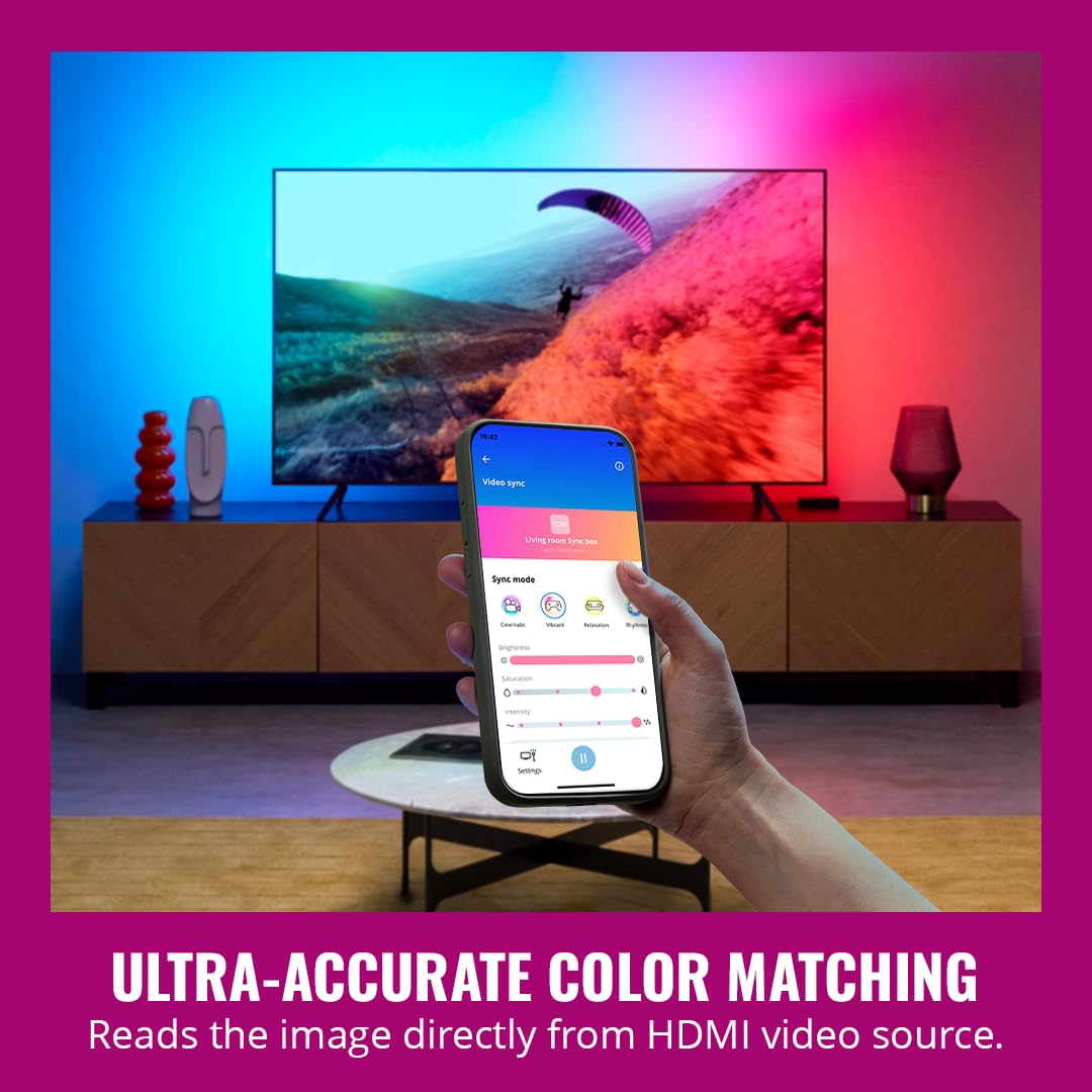 WiZ Connected HDMI Sync Box - 4K 60Hz, RGBIC LED Strip, Multicolor, for 75-85 Inch TVs, Model 640078