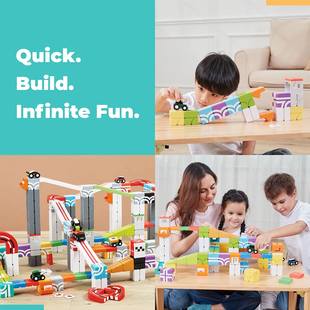 QBI Magnetic Blocks for Toddlers Ages 3+ | STEM Magnetic Block Tracks with Wheel Bulldozer & Tiles | 3D Colorful Magnet Building Blocks for Boys & Girls | Early Learning Sensory Toy – 21 Pieces