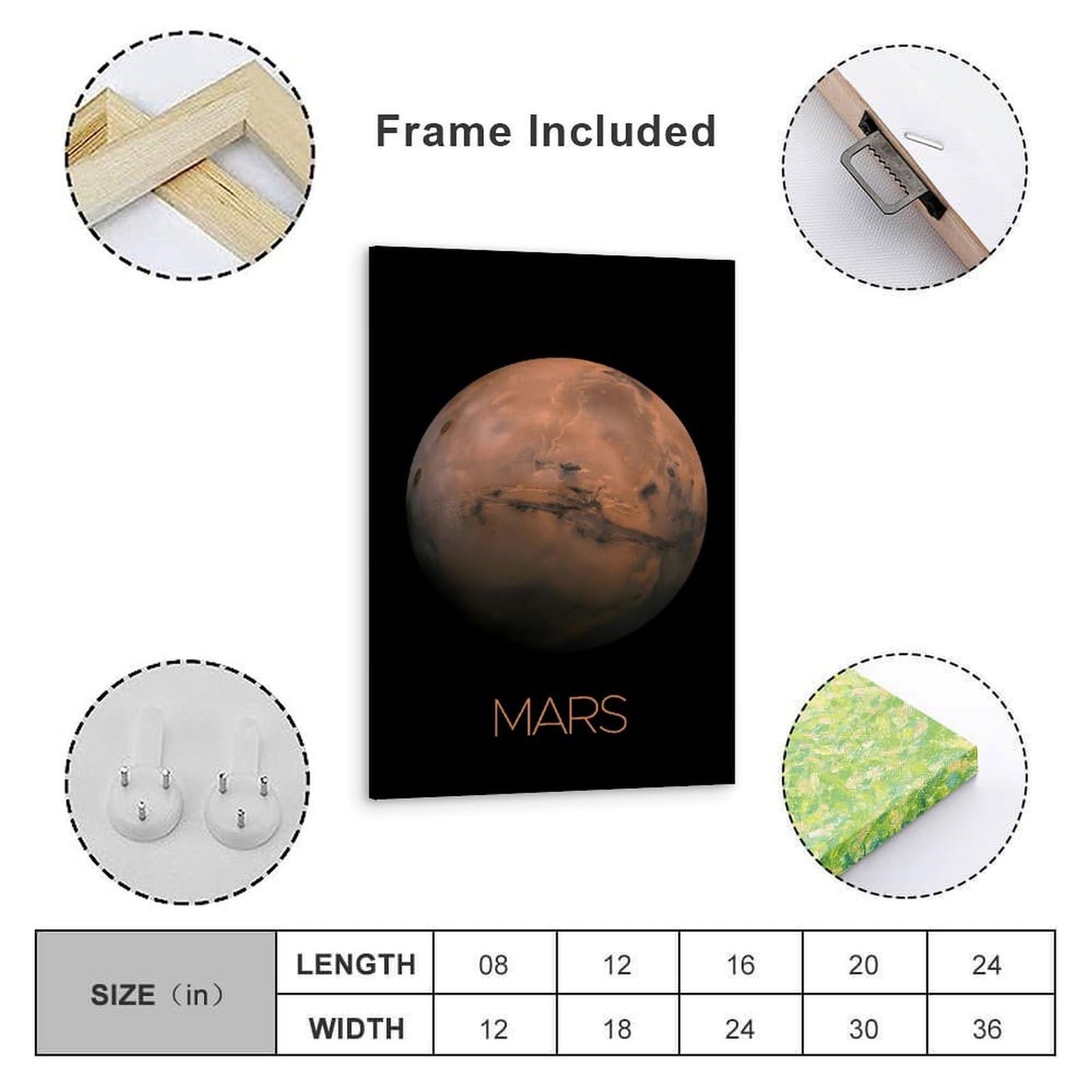 Solar System Planets Canvas Wall Art - Mars Planet Space Poster for Kids Room Bedroom Classroom, STEM Educational Astronomy Decor, Science Gift for Boys Girls, 12x18 Inch Framed