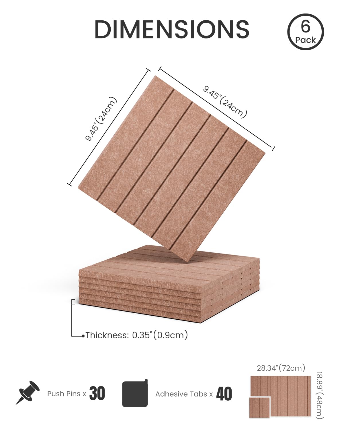 Felt Bulletin Board Tiles -28"x18" with 40 Adhesive Tabs, Cork Board Alternative for Office Decor, Push Pin Board Wall Organizer 6-Pack (Terracotta)