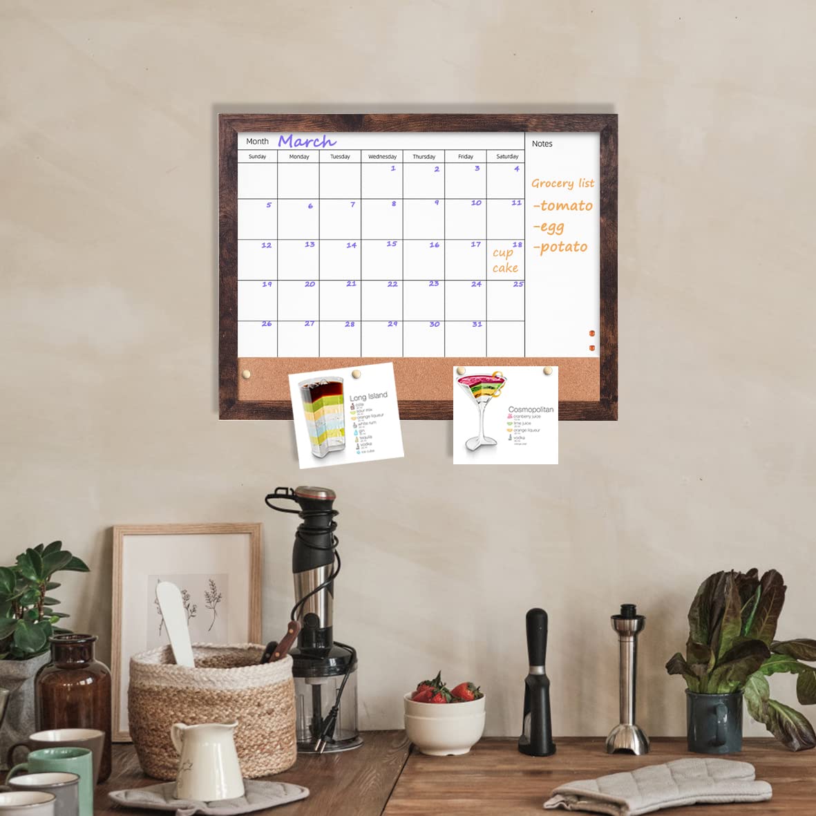 Dry Erase Calendar Whiteboard for Wall, 13" x 17" Small Combination Magnetic Dry Erase White Board & Bulletin Board, Walnut Brown Frame Calendar/Cork Combo Board(WB-3343-B)