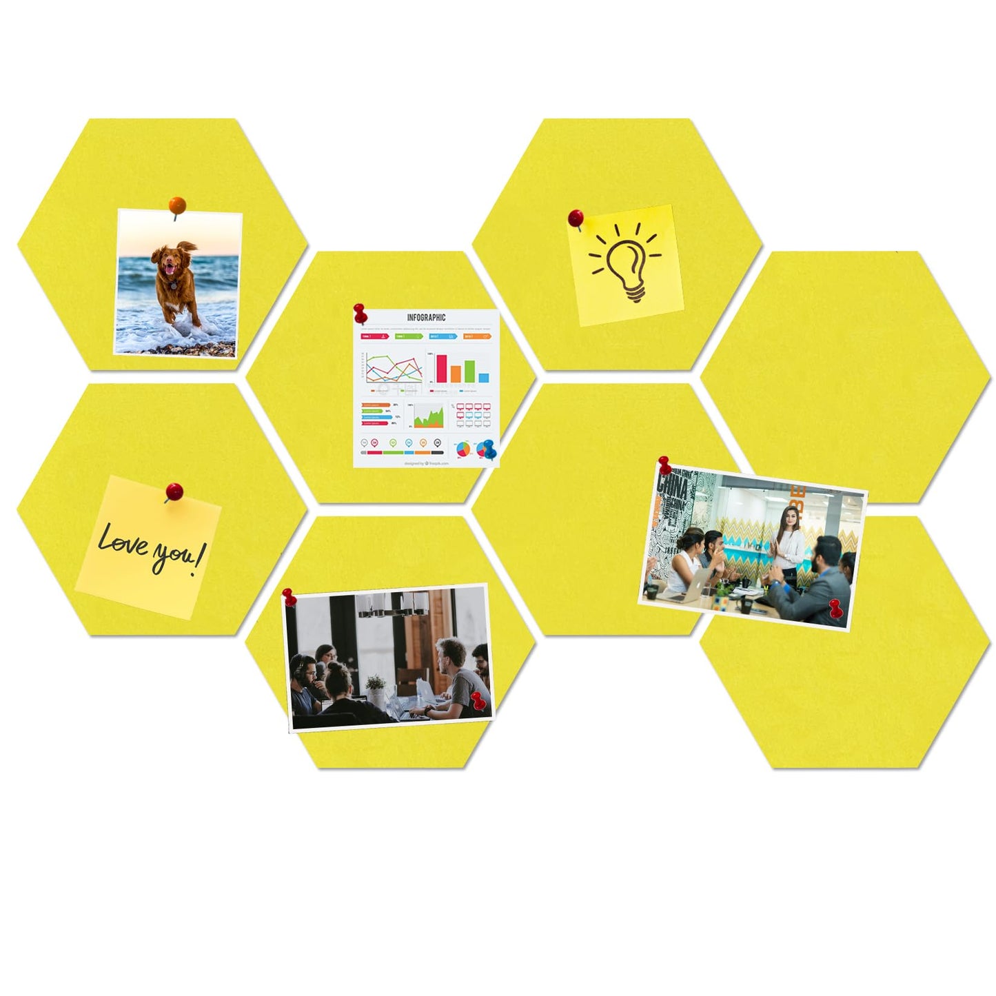 HULAVO Large Hexagon Felt Cork Board Tiles, Self Adhesive DIY Felt Bulletin Board Pin Board with 35 Pushpins for Office School Home Wall Decor Stickers Memos Photos Display(Yellow)