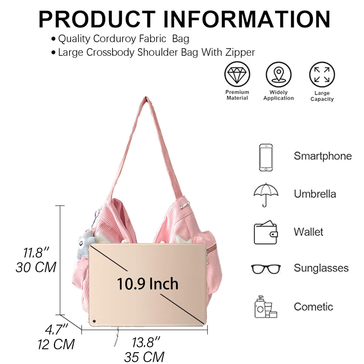 KAMEILONG Star Crossbody Bag Women Corduroy Tote Bag Aesthetic Messenger Bag Cute Shoulder Bag Y2K Hobo Bag (Pink)