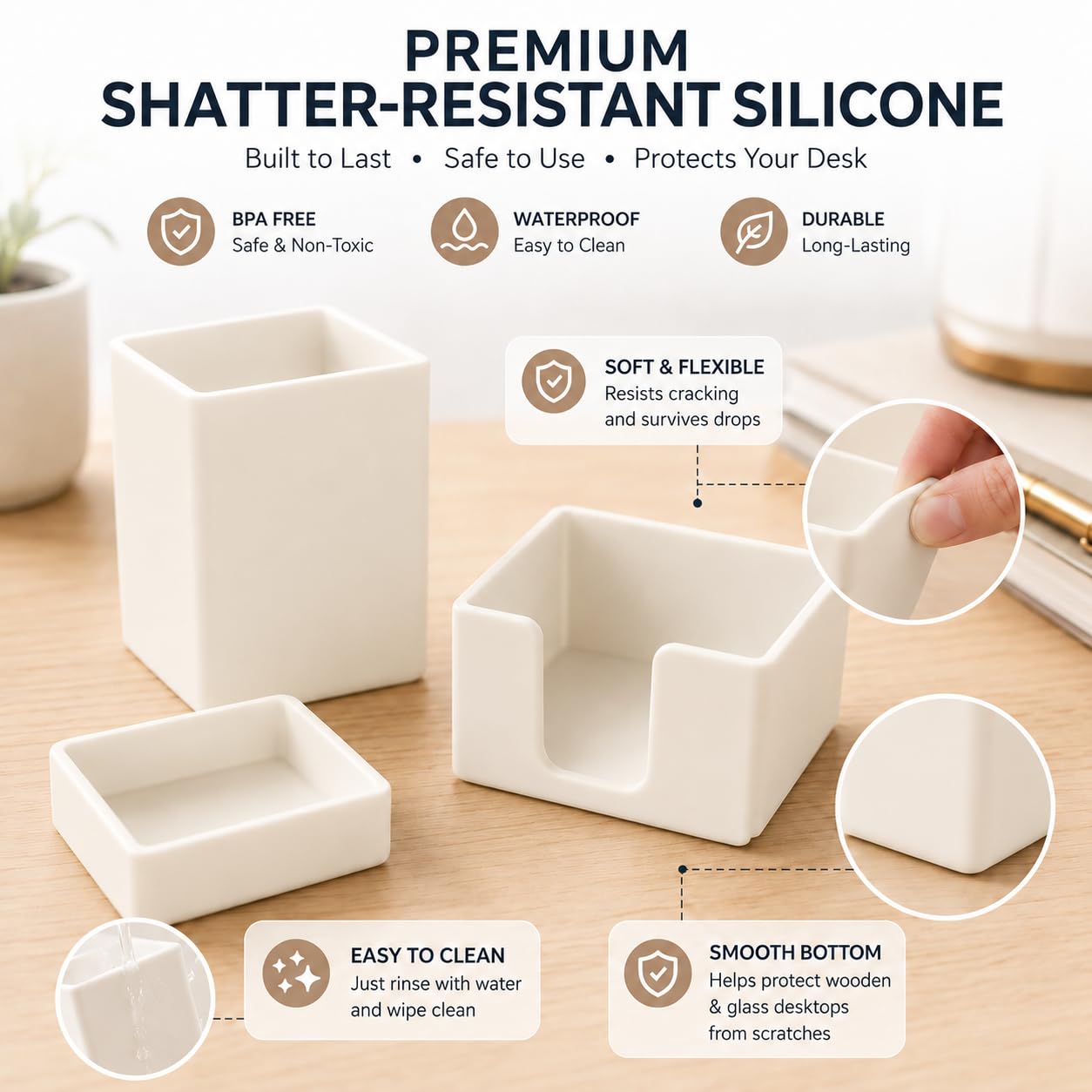 minimaliving Aesthetic Silicone Desk Organizer Set of 3,Modern Office Desk Accessories with Pen Holder,Paperclip Tray,Sticky Note Holder,Stylish Functional Office Desk Decor for Back-to-school(Beige)