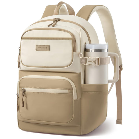 LOVEVOOK School Backpack for Teen Girls & College Students, Large Capacity Laptop Backpack with Water Bottle Holder, Lightweight Bookbag for School, Travel & Everyday Use, Beige-Khaki