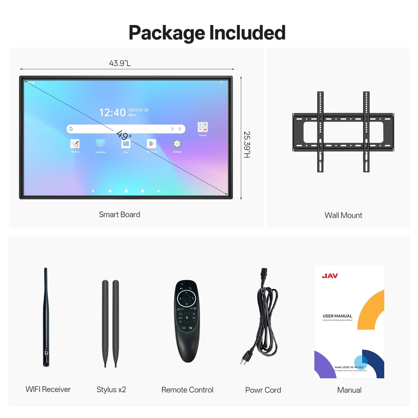 JAV Smart Board 49 Inch, Interactive Whiteboard with EDLA Certified for Office and Classroom, Digital Whiteboard Rotating Touchscreen Android 14 8+128GB (Board Only)
