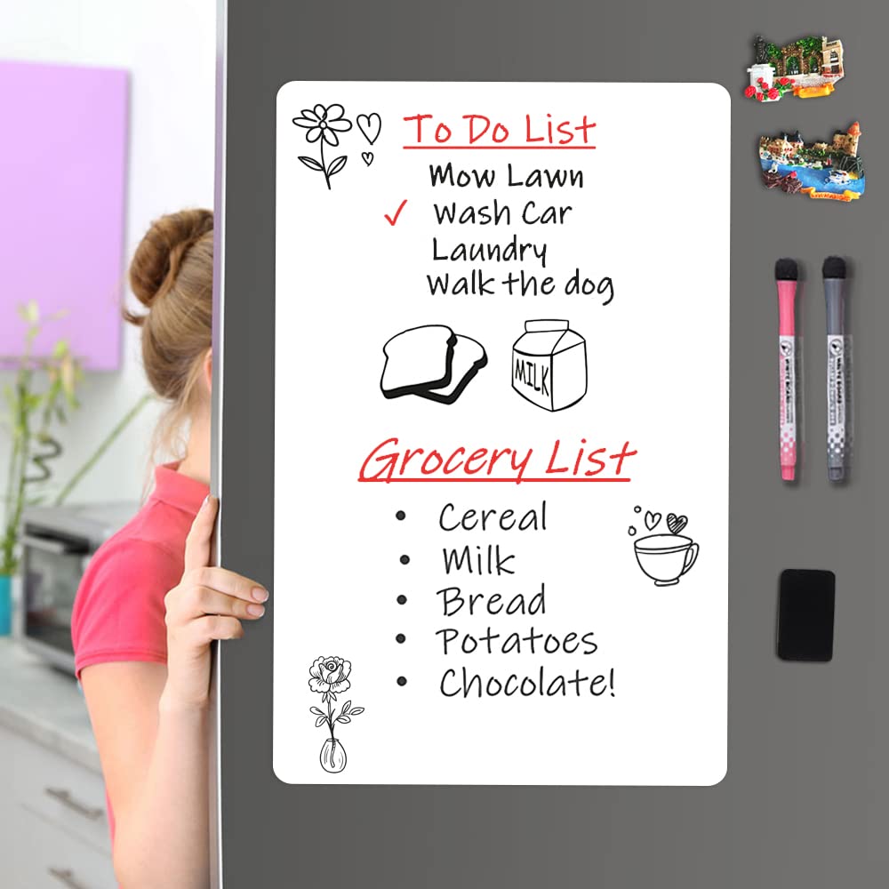 ANLIOTE Magnetic Dry Erase Board Fridge Whiteboard Sheet 17"x11", Easy to Write and Clean, Flexible Refrigerator White Board for Home Kitchen Memo Shopping List, 2 Marker Pens and Eraser with Magnets