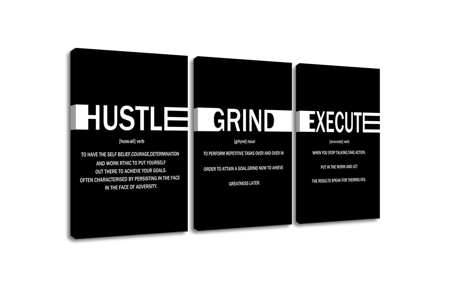 YSPCSUN Triptych Wall Decor Inspirational Posters for Office, Black White Hustle Grind Execute Quote 3 Panel Canvas Prints for Home Office Dorm Gym, 48x24 Inch Display Print
