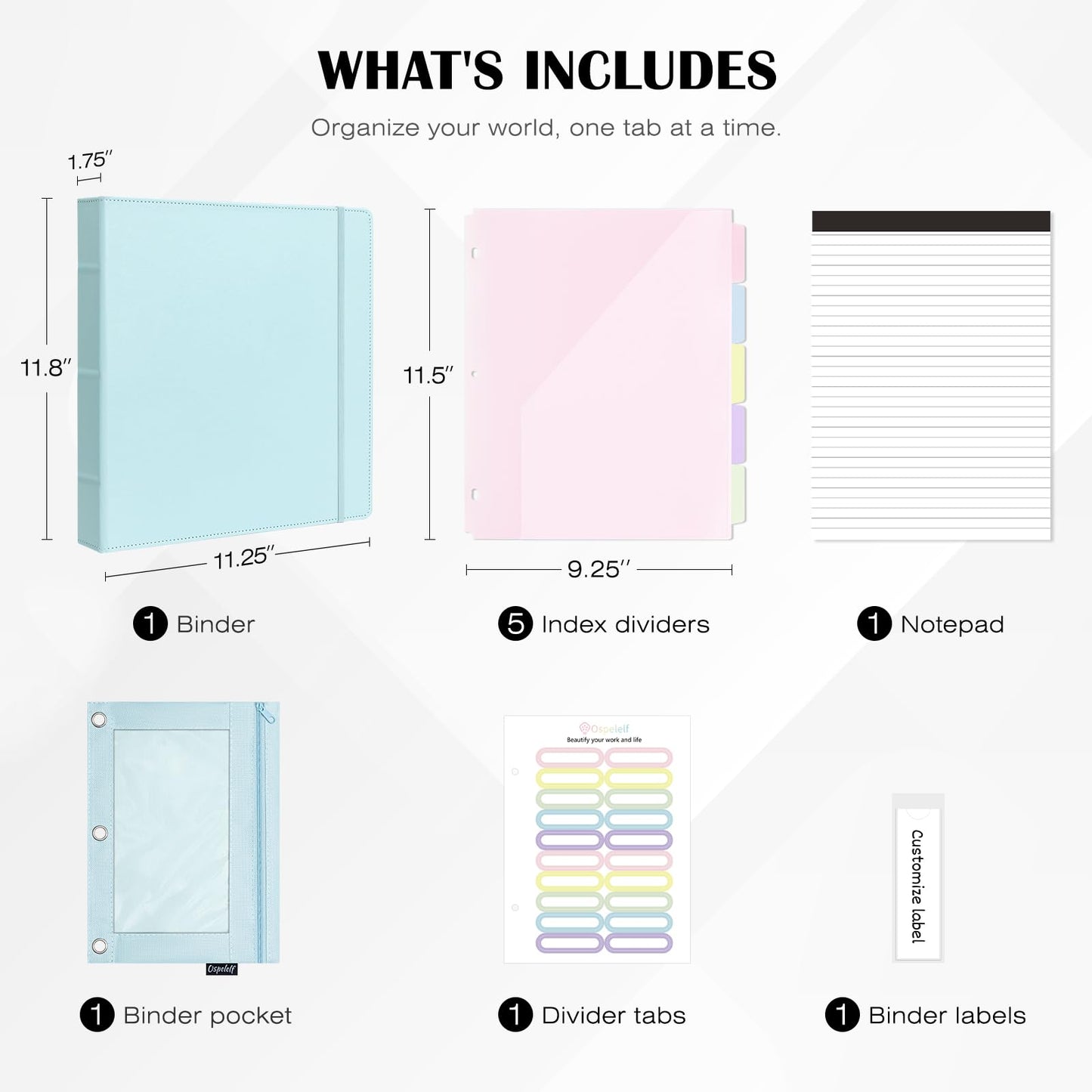 Ospelelf Leather 3 Ring Binder for Letter Size Documents with Pocketed Storage Dividers, Pencil Pouch & Notepad, 1 Inch Round Rings, Holds 175 Sheets, for Office School Home Organization, Light Blue