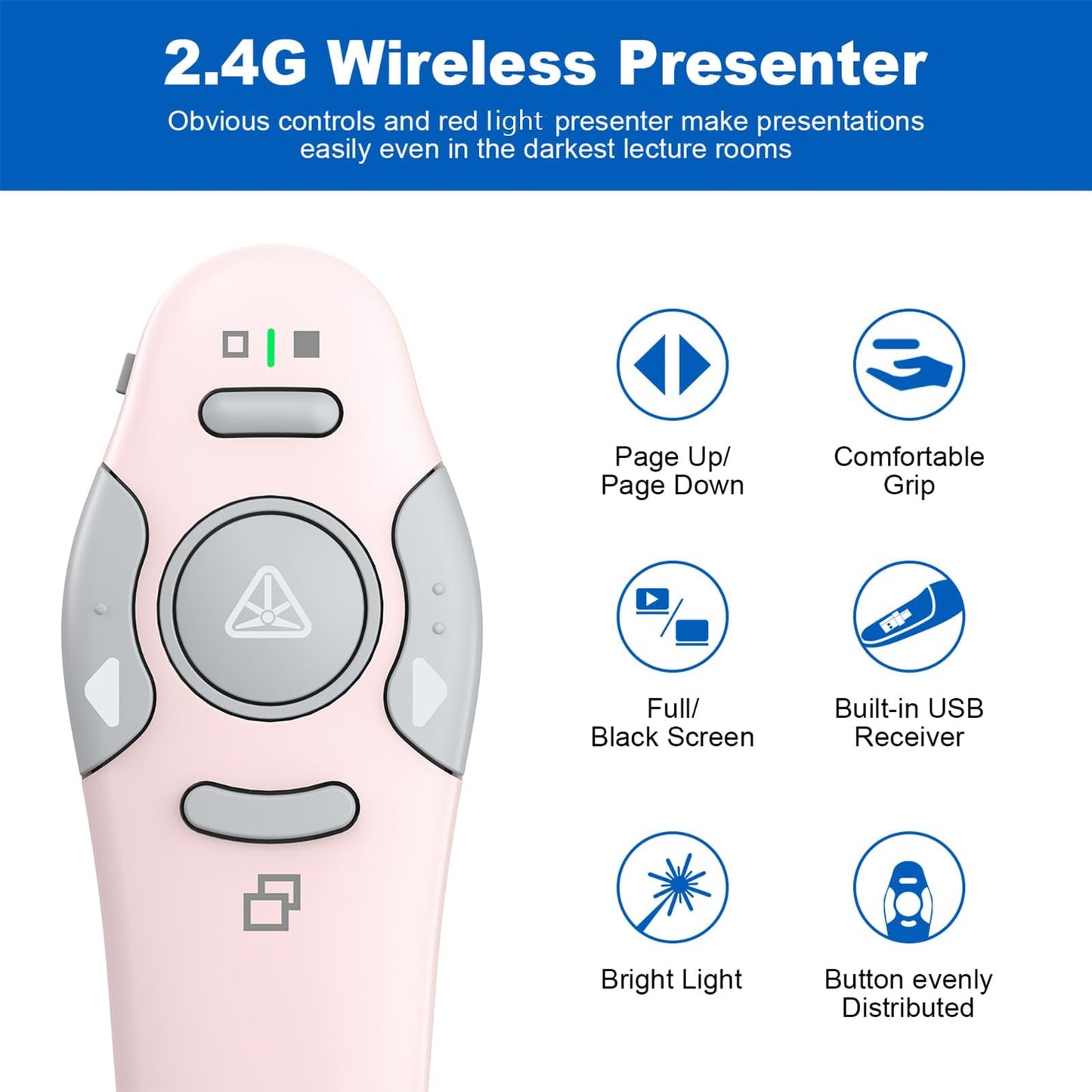 QUI Presentation Clicker Wireless Presenter Remote Clicker for PowerPoint Presentation Remote, PowerPoint Slide Advancer for Mac/Windows/Google Slide/Keynote, Pink, A