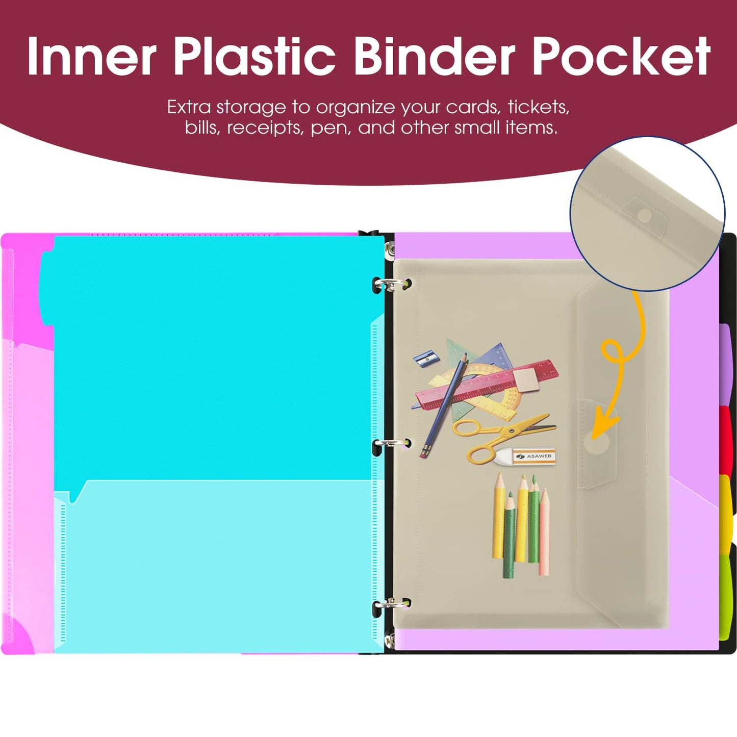 INFUN 1 Inch 3-Ring Telescoping Project Organizer Binder,13 Pocket, Customizable Front Cover, 5 Colors Pocket Divider and Plastic Binder Pocket，225 Sheet Capacity-Pink
