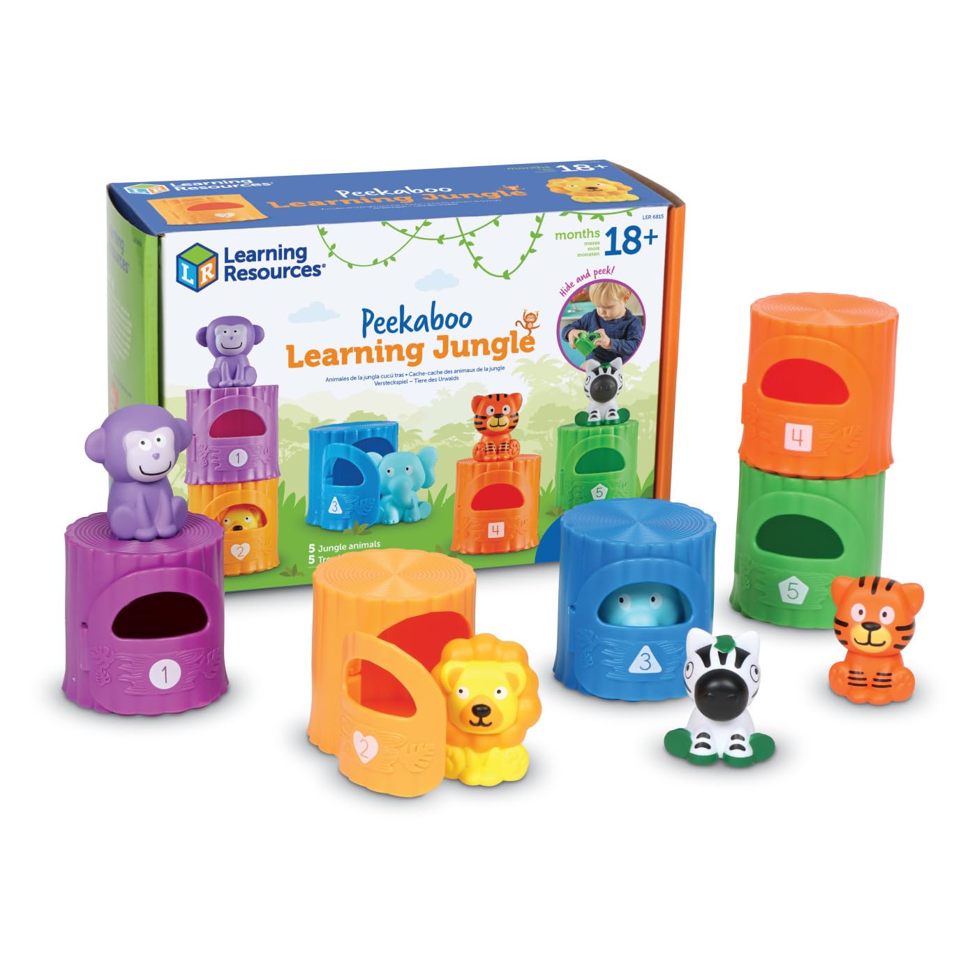 Learning Resources Peekaboo Learning Jungle Toddler - 10 Pieces, Ages 18 Months +, Toddler Montessori Toys, Stacking Shape, Sorting and Matching Skill, Educational Games