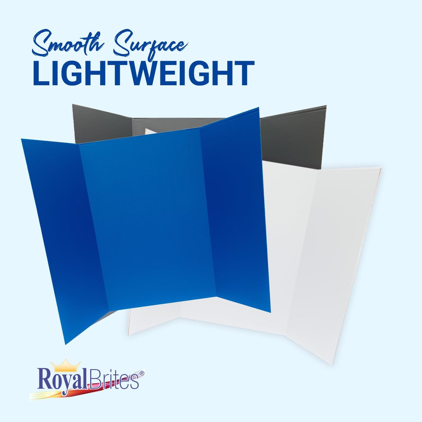 Royal Brites 1-Ply Corrugated Tri-fold Project Display Board 36" x 48", Exhibition, Presentation, & Science Fair Display Boards, Lightweight Tri-Fold Board with Smooth Surface, Blue/Kraft, Pack of 12
