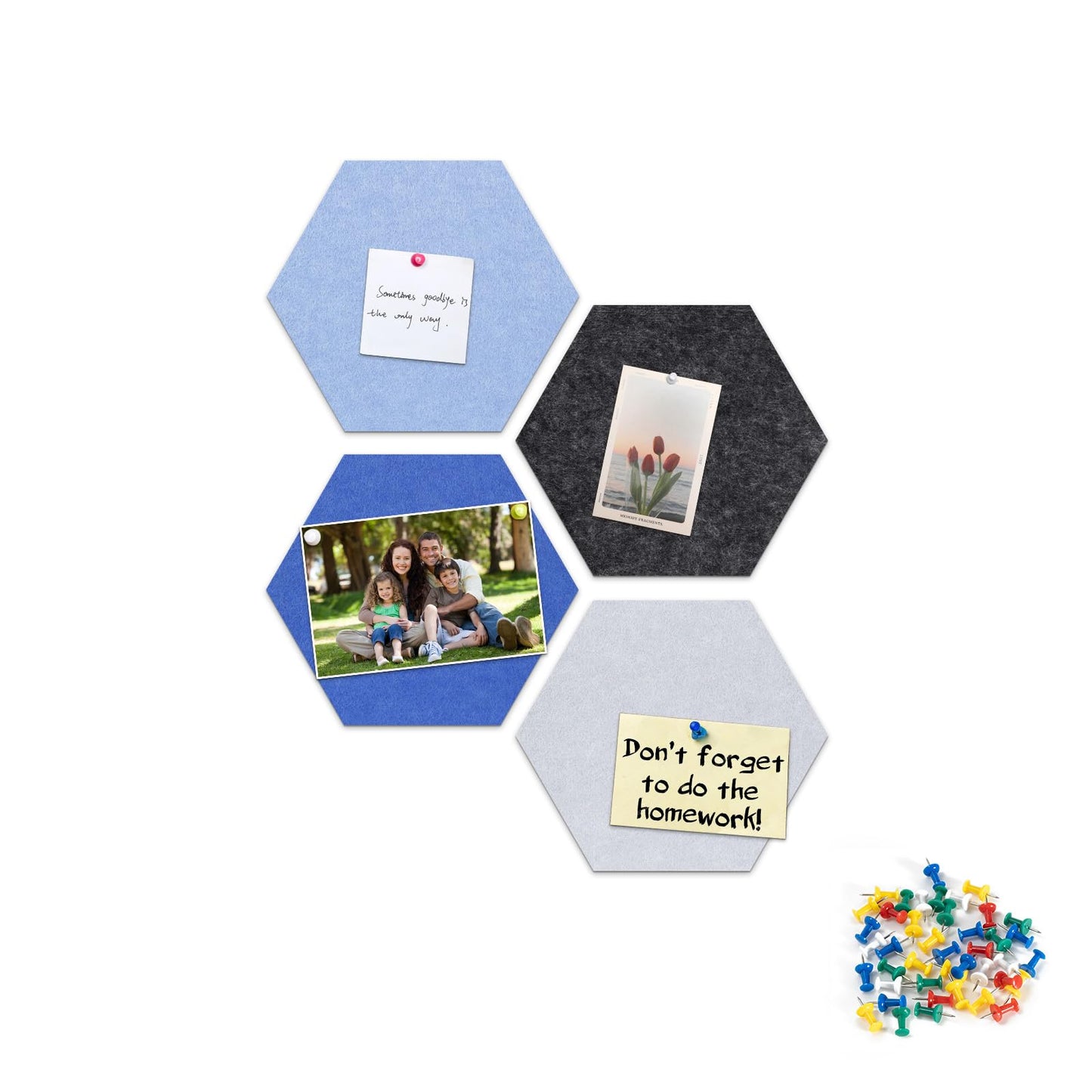 Uoisaiko 4 Pack Hexagon Felt Bulletin Board Tiles - 12" Large Thick Pin Board for Walls with 30 Push Pins, DIY Boards for Office Home School Decor, Aesthetic Hex Cork Board Alternative