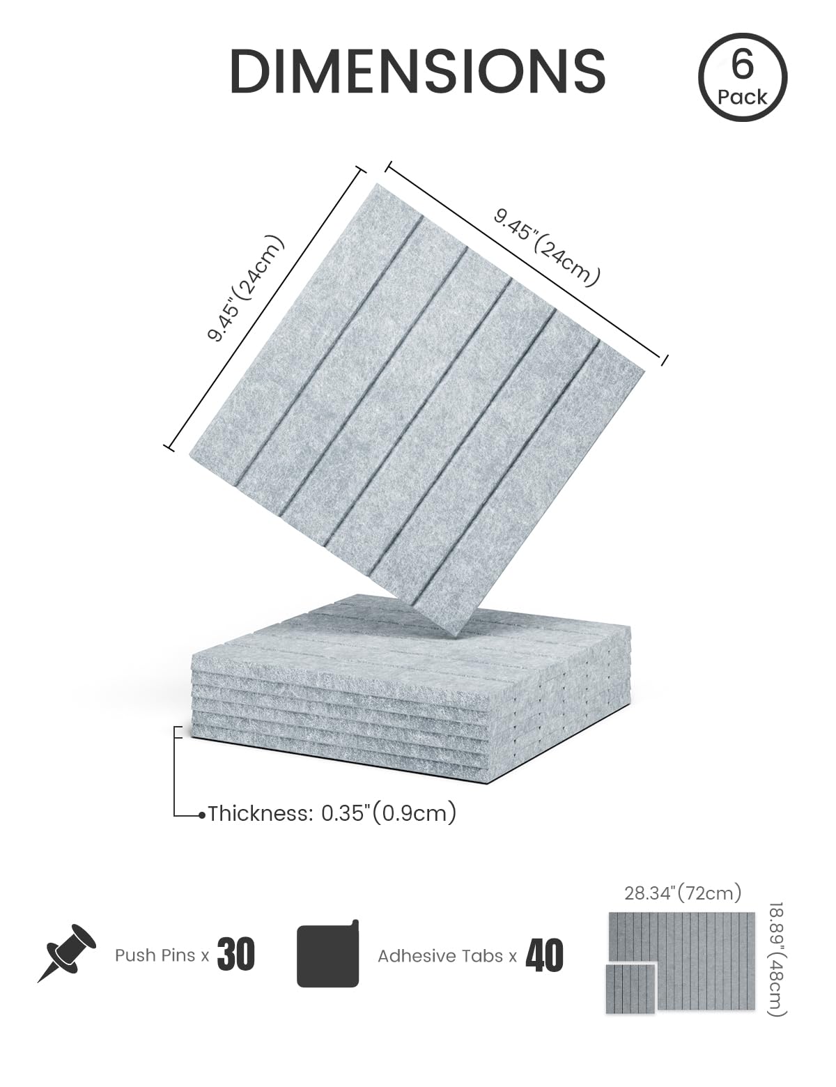 Felt Bulletin Board Tiles -28"x18" with 40 Adhesive Tabs, Cork Board Alternative for Office Decor, Push Pin Board Wall Organizer 6-Pack (Blue Gray)