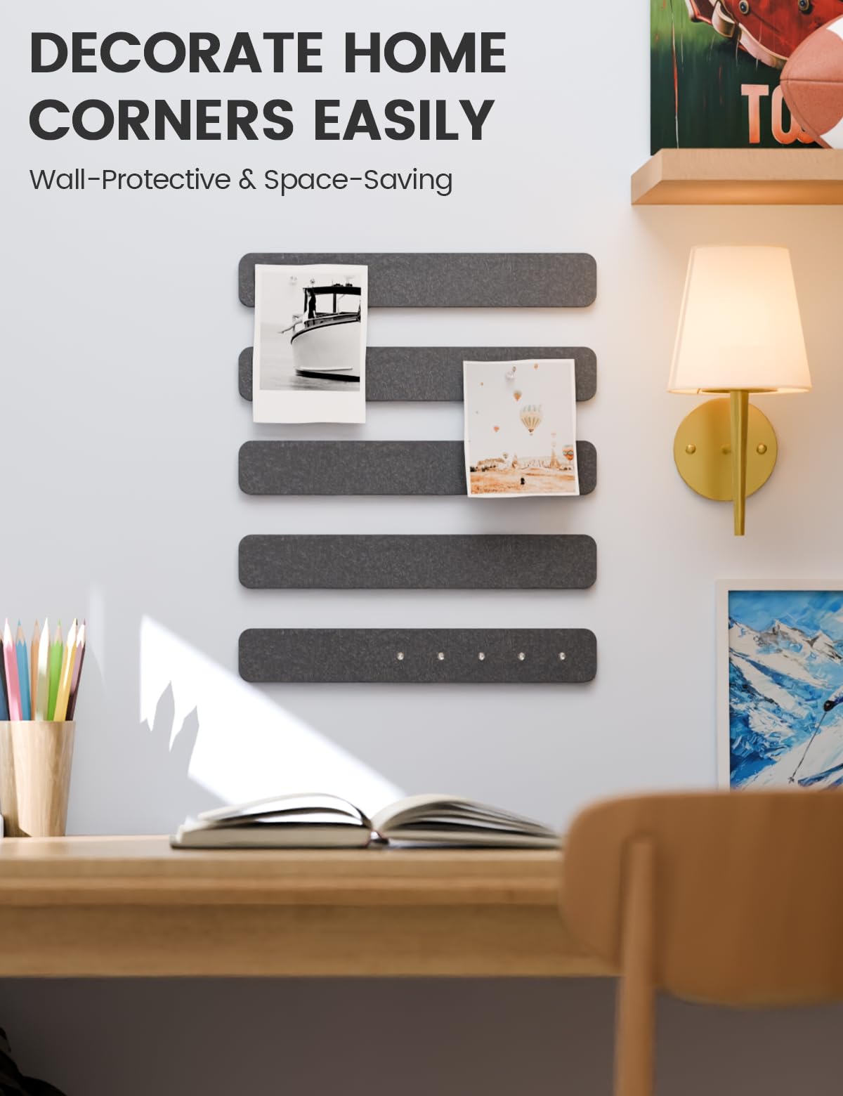 Fluxynara Cork Board Alternative Felt Strip Board 5-Pack 13"x2", Office Pin Board with 35 Push Pins, Adhesive Install for Bedroom Door & Home Office(Charcoal Gray)