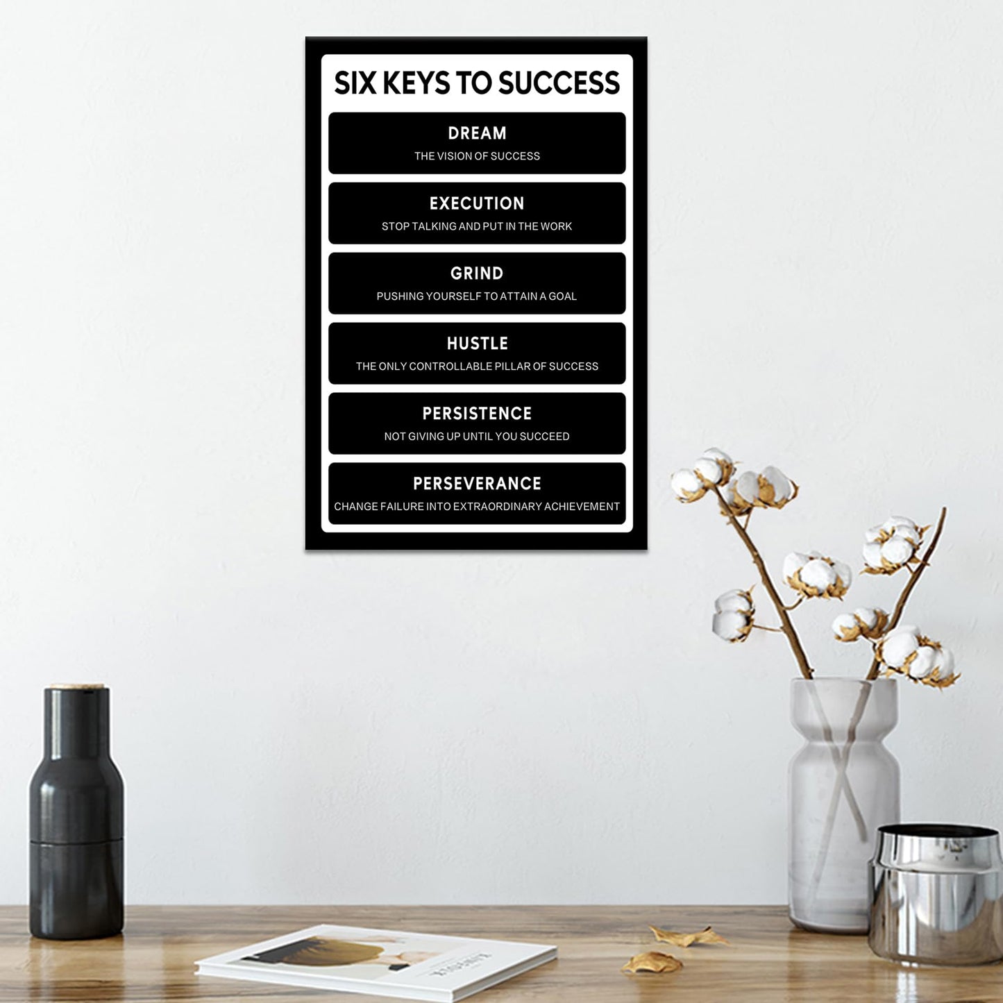 Six Keys To Success Inspirational Canvas Wall Art Execution Grind Hustle Verbs Poster Artwork Motivational Positive Quotes Picture Prints for Bedroom Living Room Office Ready to Hang [12" W X 18" H]