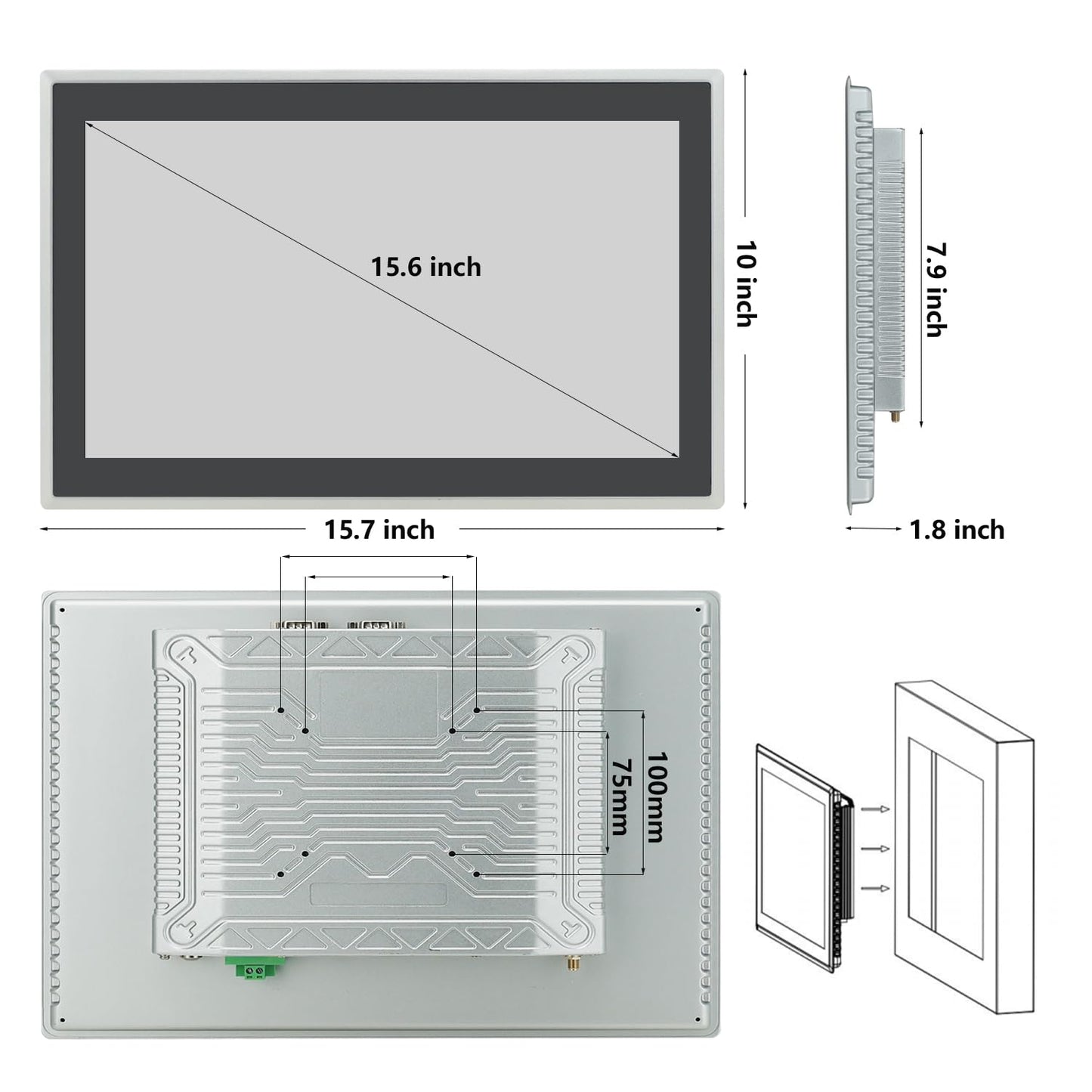 TouchWo 15.6 inch Industrial Embedded Touchscreen Monitor, Capacitive Multi-Touch Screen Industrial Front IP65 Monitor Built-in Speakers, HD-MI in, USB, VGA, 16:9 1920x1080 Display