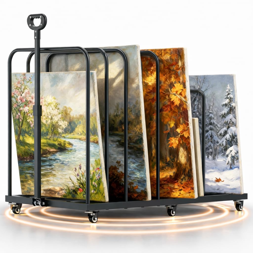 BERPET Heavy-Duty Art Storage Rack with Handle & Wheels, Mobile Metal Organizer for Canvas, Boards, and Artwork – Rolling Art Drying & Display Cart for Studio, Classroom, and Gallery