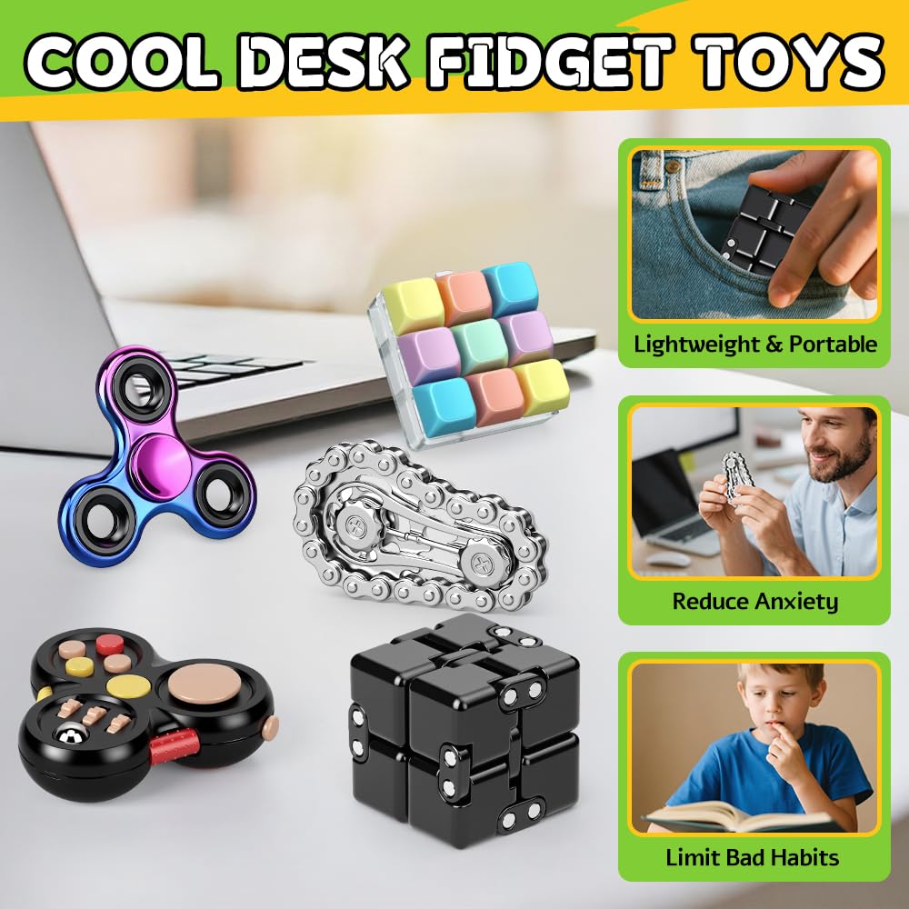 Fidget Toys Set for Adults, Sensory Pack with Fidget Spinner, Robot Spinner, Fidget Cube, Keyboard Clicker Toy, Fidget Pad, Stress Relief Desk Gadget for Office, Birthday Gift Set