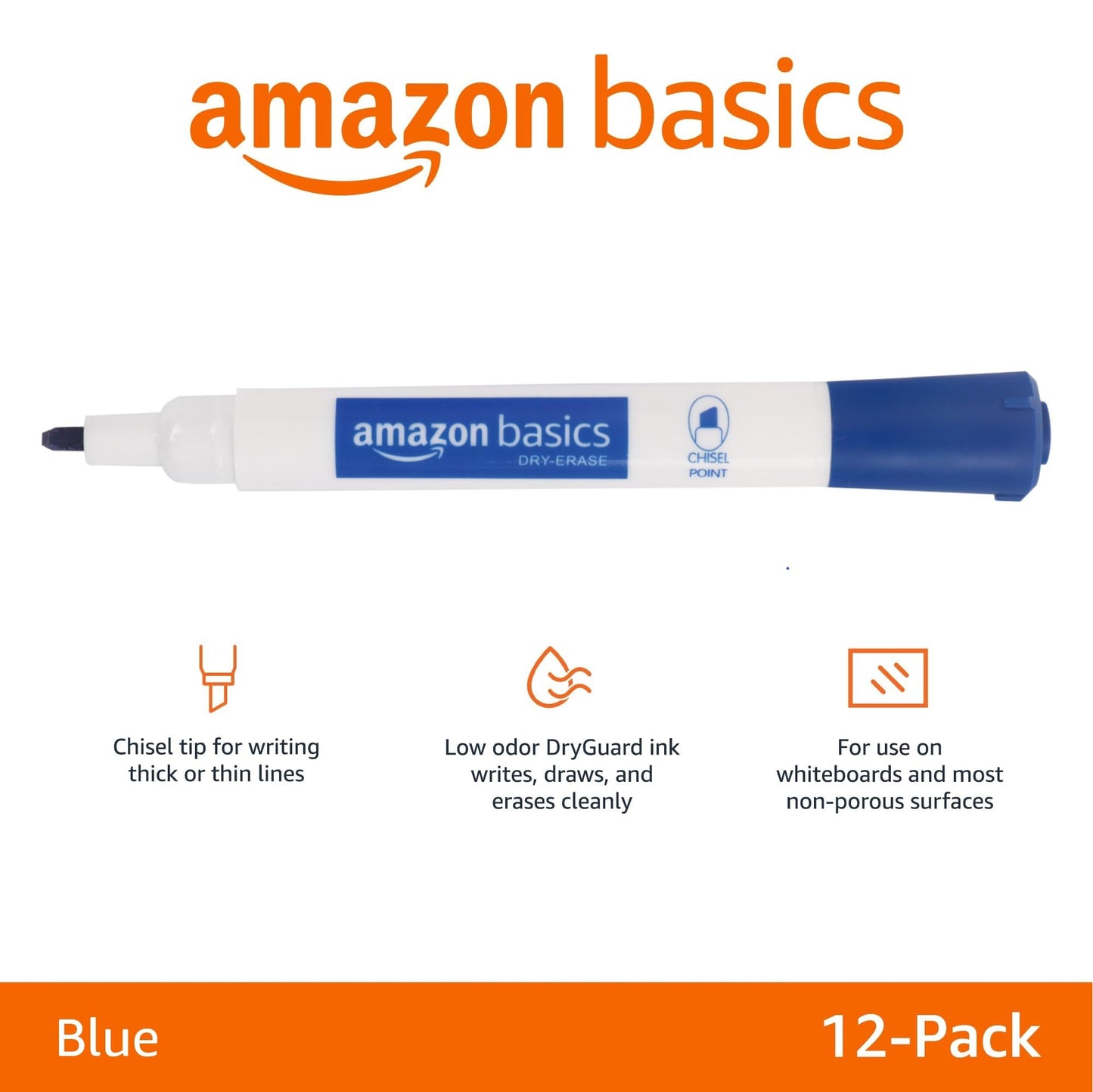 Amazon Basics Dry Erase Whiteboard Markers, Chisel Tip, Low-Odor, Blue, 24-Pack, For Drawing, Sketching and Writing