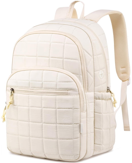 kadilong Laptop Backpack for Women College Travel,Quilted Daypack Bookbag for School Teen Girls Mochilas Mujer,Beige