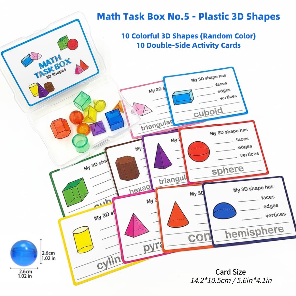 Math Task Boxes Set of 5 Math Manipulatives Themes 230+ Pieces of Number Rods, Base Ten Blocks, Ten Frame Disc Counters, Place Value Blocks, 0-9 Numbers, 3D Shapes, Counting Blocks Activity Cards