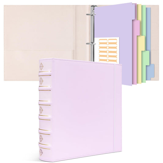 Ospelelf Leather 3 Ring Binder 2 Inch, Vintage D Ring Binder with Pockets and 5 Tab Dividers, Hardback Book Style Document Organizer Fits Letter Size for Home and Office Pink