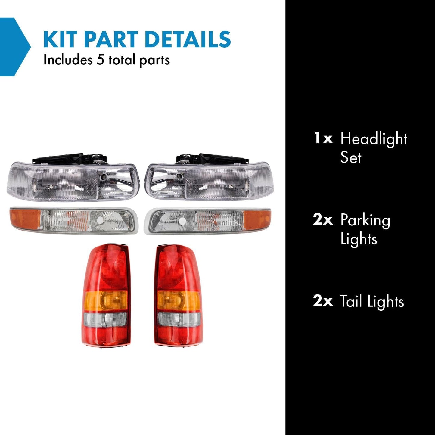 TRQ Headlight Tail Light Assembly Set for 1999-2002 Chevy Silverado 1500 2500 HD, Model LKA56016