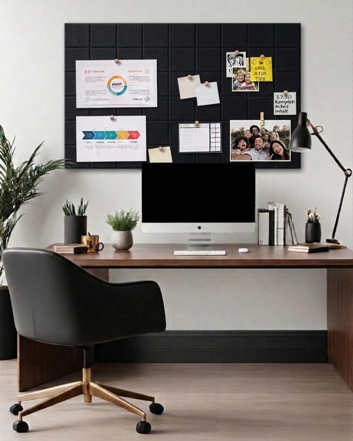 Large Felt Bulletin Board - 36" x 24" Self-Adhesive Felt Wall Tiles, Cork Boards Alternative, 6 Pack with 30 Wooden Pushpins, Cork Boards for Walls, Office & Home Decor, Push Pin Board - Black