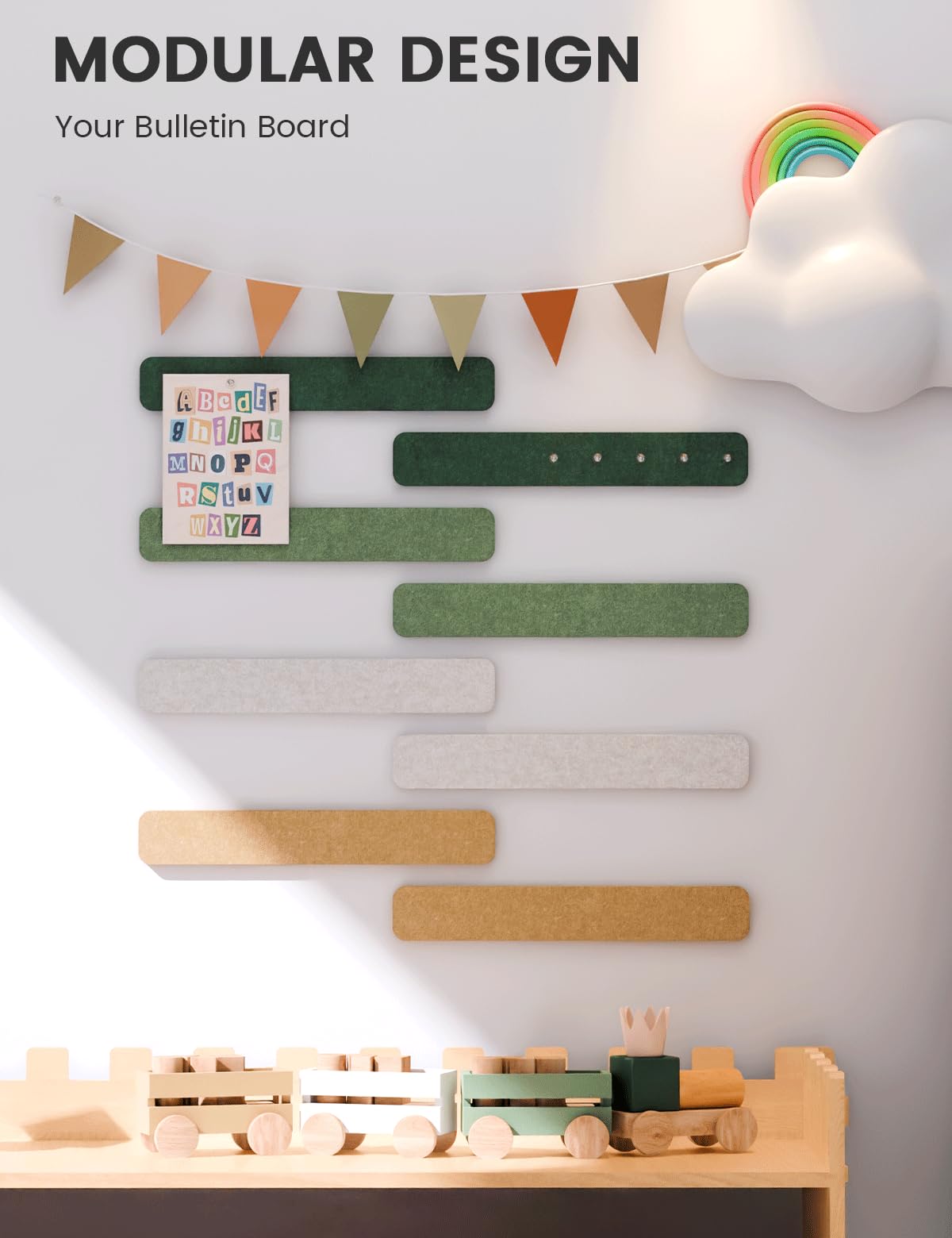 Fluxynara Cork Board Alternative Felt Strip Board 8-Pack 13"x2", Office Pin Board with 50 Push Pins, Adhesive Install for Bedroom Door & Home Office (Moss Glimmer)