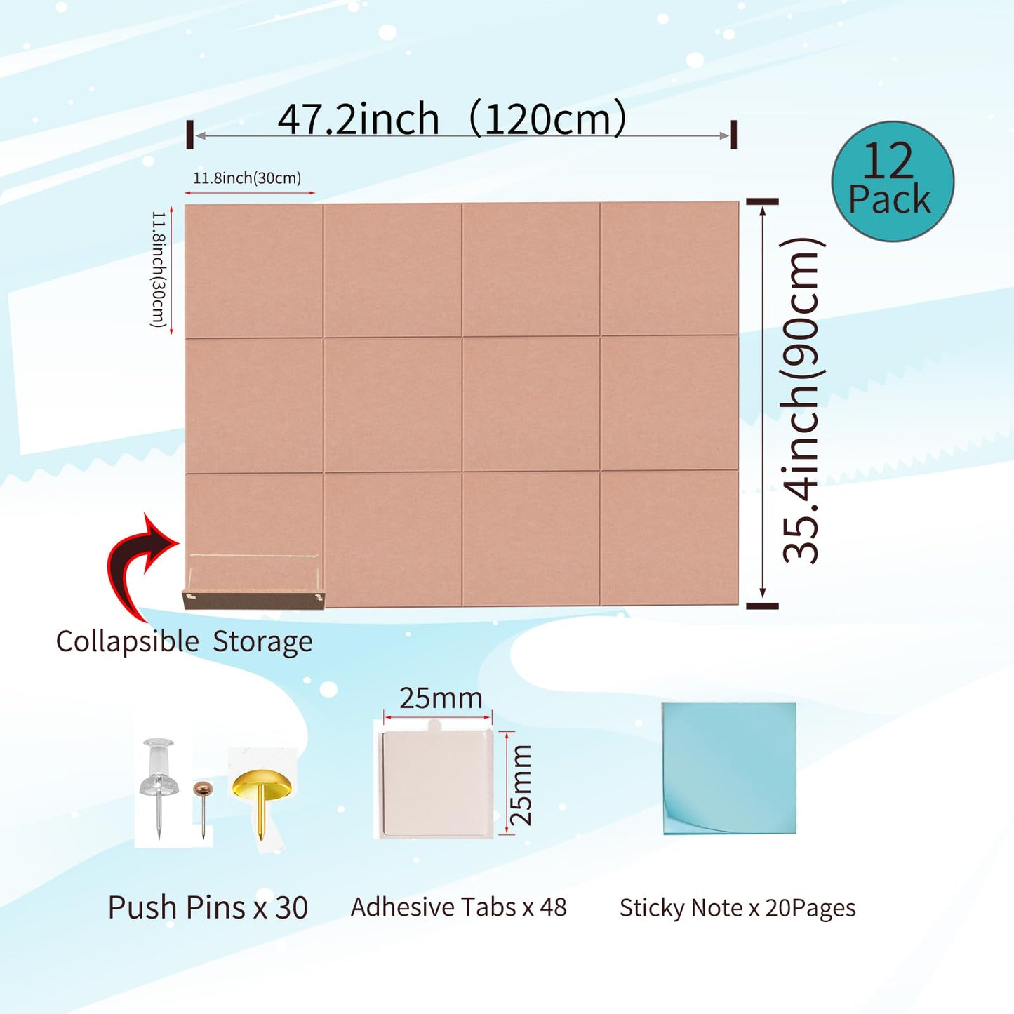 12 Pack Bulletin Boards 48" x 36" Alternative Cork Board for Office,Built-in Storage Device，Large Cork Boards for Walls ， Felt Wall Tiles, Contains Removable Security Stickers and PushPins (F-Pink)