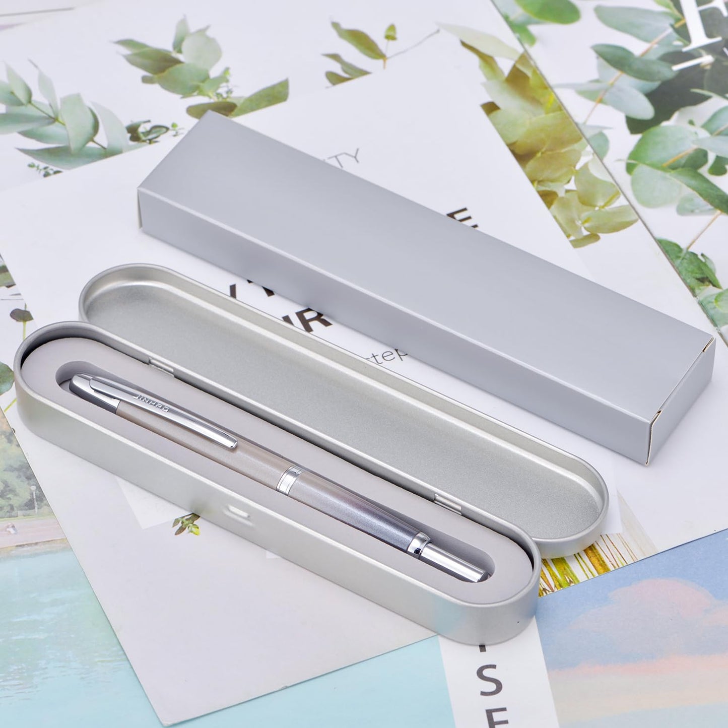 Jinhao 10 Press Fountain Pen with Box, Gradient Gray Retractable Extra Fine Nib with Ink Converter Set (Silver Clip)