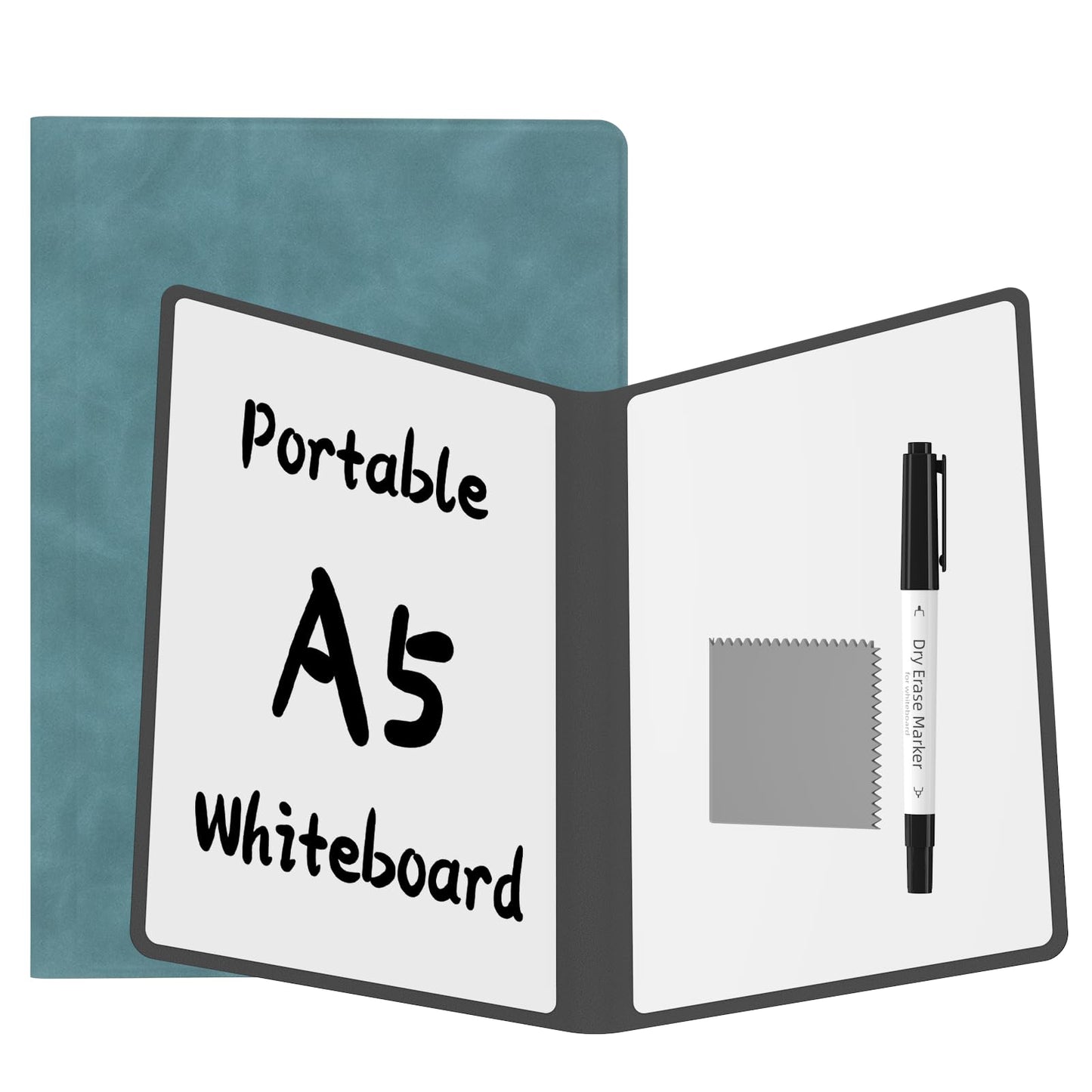 Portable Dry Erase Board,Reusable Whiteboard Notebook, Double-Sided White Board PU Cover 9.5"x6.6" with Marker,Wipe Cloth (Blue)