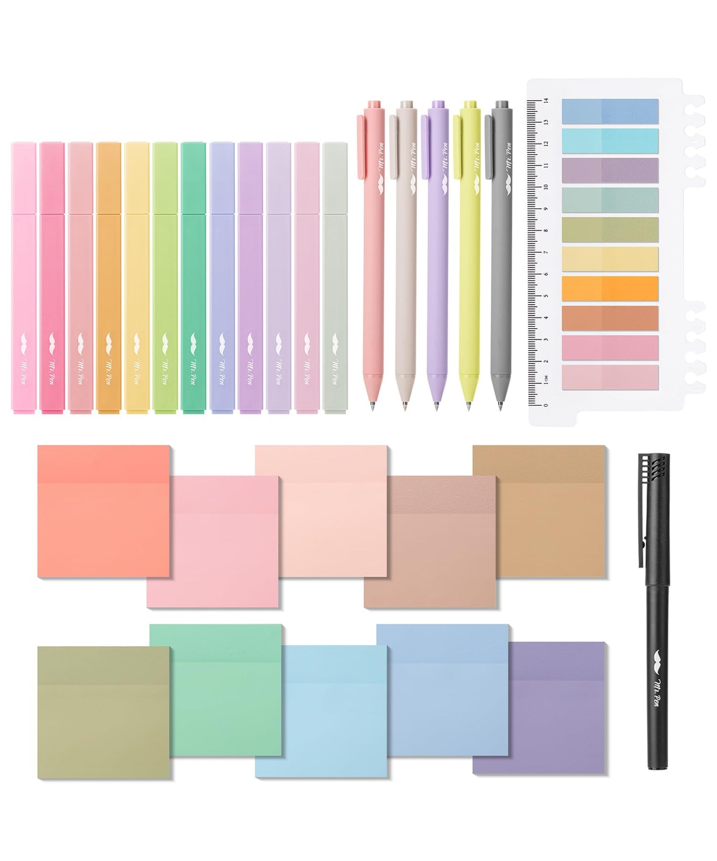 Mr. Pen- Aesthetic Book Annotation Kit, 38 pcs, 12 No Bleed Aesthetic Highlighters, 5 Gel Pens Black Ink, 700 Transparent Sticky Notes & Tabs for Study, Bible Journaling, Planner, Office Supplies