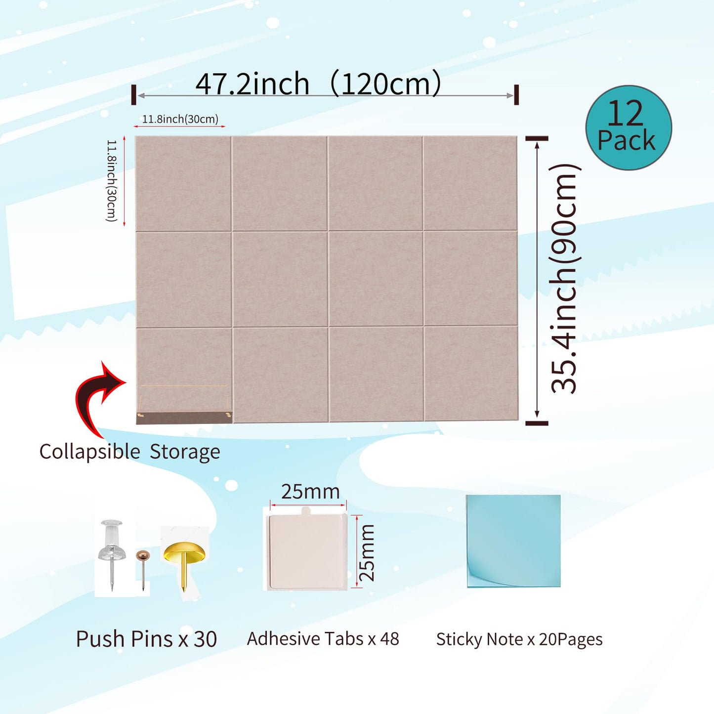 12 Pack Bulletin Boards 48" x 36" Alternative Cork Board for Office,Built-in Storage Device，Large Cork Boards for Walls ， Felt Wall Tiles, Contains Removable Security Stickers and PushPins (F-Beige)
