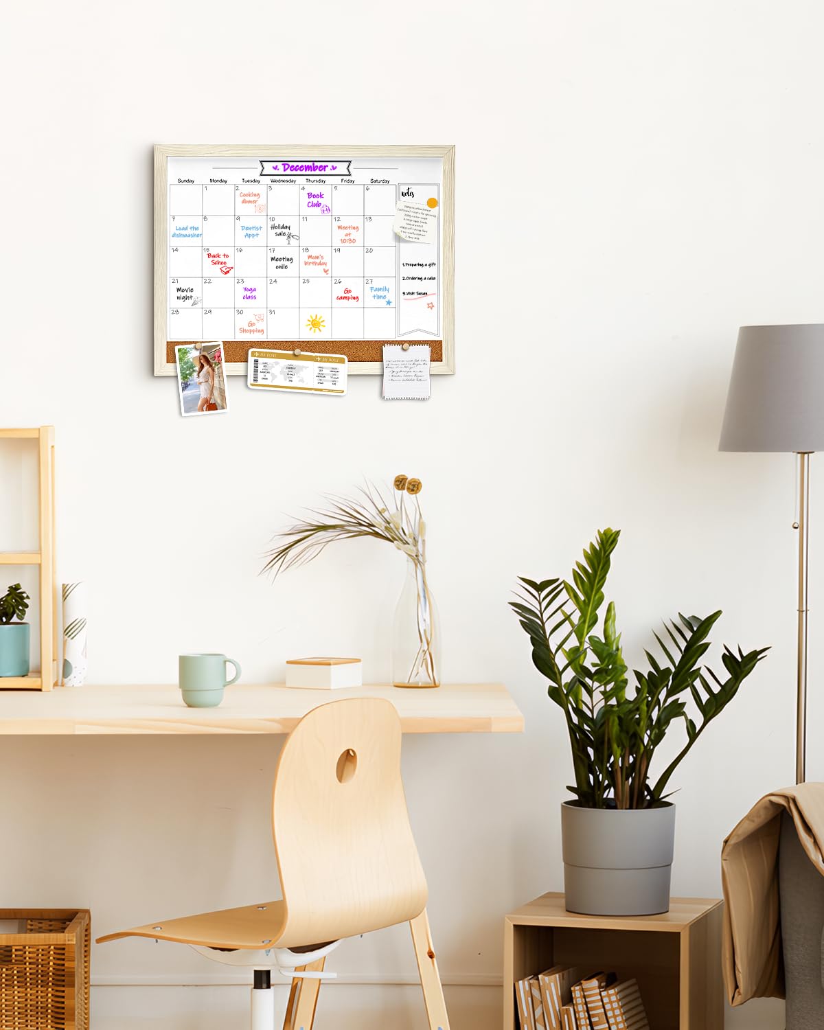 Dry Erase Calendar Whiteboard for Wall, Small Combination Magnetic Dry Erase White Board & Bulletin Board, 13" x 17"，White Frame Calendar/Cork Combo Board(WH-3343)