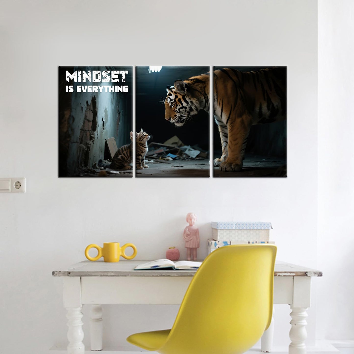 YSPCSUN Inspirational Canvas Wall Art Mindset Is Everything Motivational Office Decor Cat Thinking Like Tiger Success Pictures Framed Large Business Entrepreneur Wall Painting, 48x24 Inch
