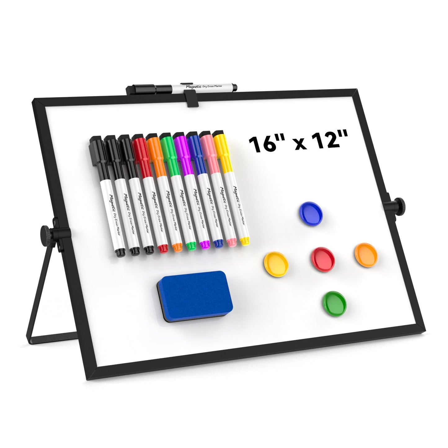 Dry Erase White Board, Cazeyoo Magnetic Desktop Whiteboard 16 x 12inch with Stand, 10 Markers, 4 Magnets and 1 Eraser, Portable Double-Sided White Board for Kids Drawing, Office, Home, School - Black
