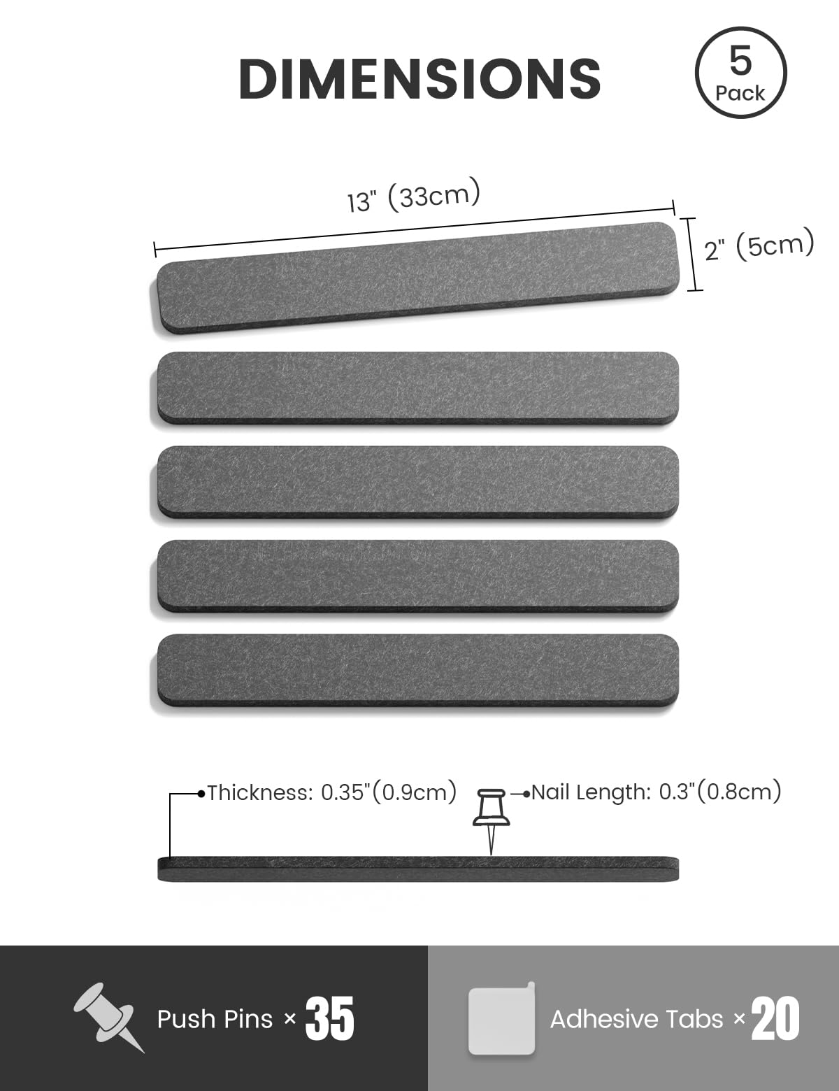 Fluxynara Cork Board Alternative Felt Strip Board 5-Pack 13"x2", Office Pin Board with 35 Push Pins, Adhesive Install for Bedroom Door & Home Office(Charcoal Gray)