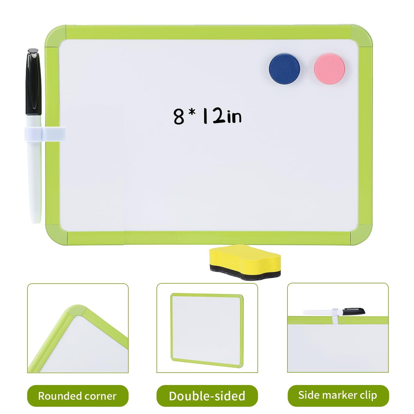 MXG Double Sided Dry Erase Board, 8x12 Inch Portable Small White Board with Green Frame, Handheld Whiteboard for Desk, Fridge, Wall, Door, Includes Marker, Eraser & Pen Holder