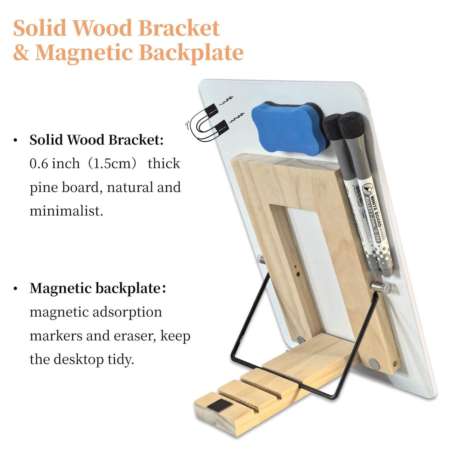 iNenya Glass White Board with Stand,Magnetic Mini Dry Erase Board for Desk,Small Desktop Whiteboard with Solid Wood Bracket
