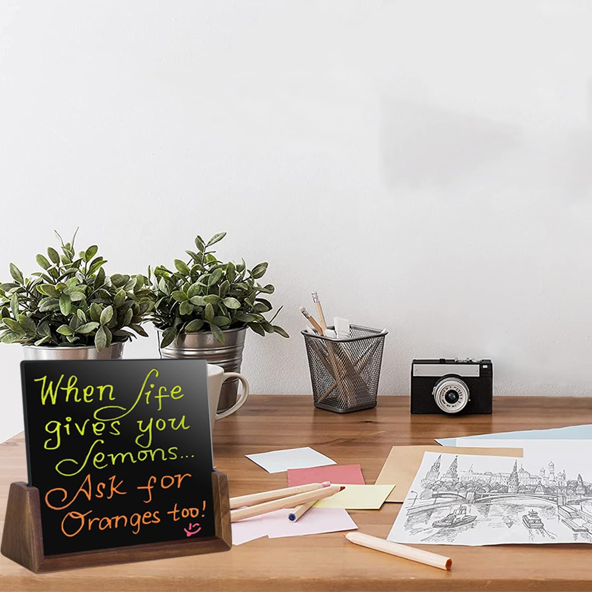 Desktop Glass Whiteboard with Walnut Wood Base,Small Dry Erase Board, Black Writing Note Pad, Desk White Board,Glassboard for Tabletop Display(Walnut Base,Glass)