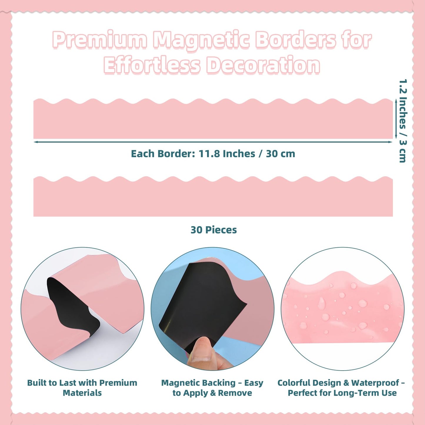 30 Pcs Magnetic Borders for Classroom Whiteboard - Light Pink Magnetic Bulletin Board Border Set - Scalloped Chalkboard Border Strips for Teachers, Parents, DIY Home,School & Office Decoration
