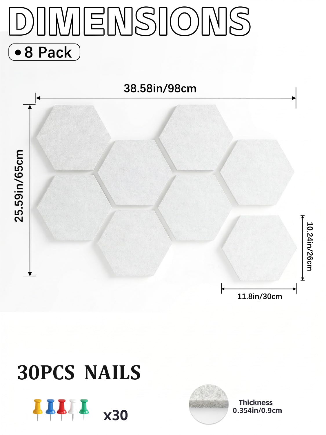 Uoisaiko 8 Pack Hexagon Felt Bulletin Board Tiles - 12" Large Thick Pin Board for Walls with 30 Push Pins, DIY Boards for Office Home School Decor, Aesthetic Hex Cork Board Alternative
