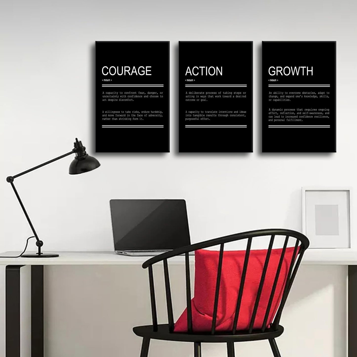 YSPCSUN Triptych Wall Decor Inspirational Posters for Office, Black White Courage Action Growth Quote 3 Panel Canvas Prints for Home Office Dorm Classroom, 48x24 Inch Display